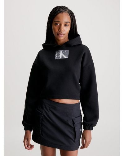 Calvin Klein Cropped Sequin Logo Hoodie - Black