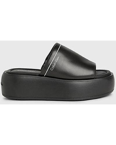 Calvin Klein Leren Plateausandalen Met Sleehak - Zwart