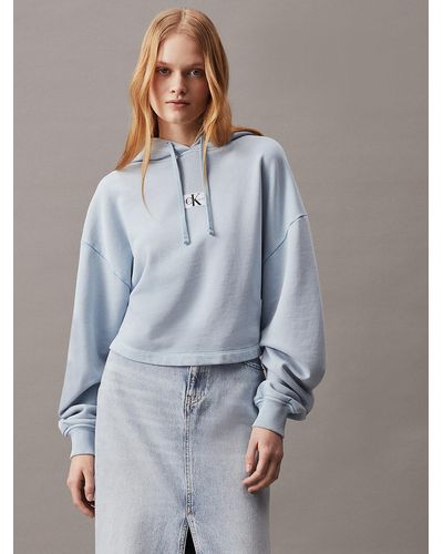 Calvin Klein Washed Cotton Cropped Hoodie - Blue