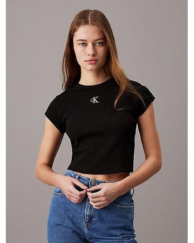 Calvin Klein Slim Cropped Geribbeld T-shirt - Blauw