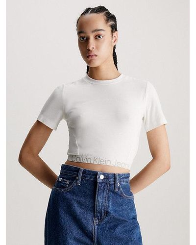 Calvin Klein Smal Cropped T-shirt Met Logo Tape - Wit