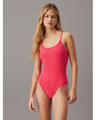 Calvin Klein Scoop Back Swimsuit - Ck Texture - Red