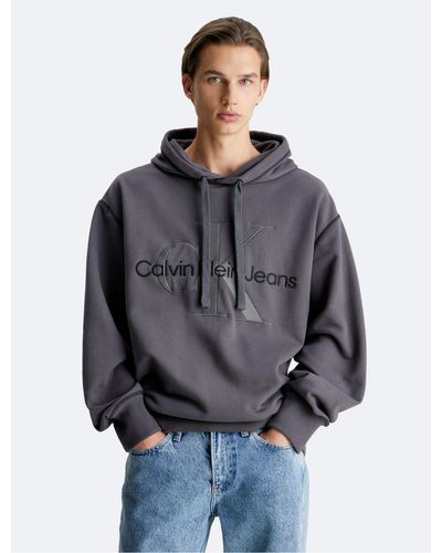 Calvin Klein Embossed Monogram Logo Fleece Hoodie - Gray