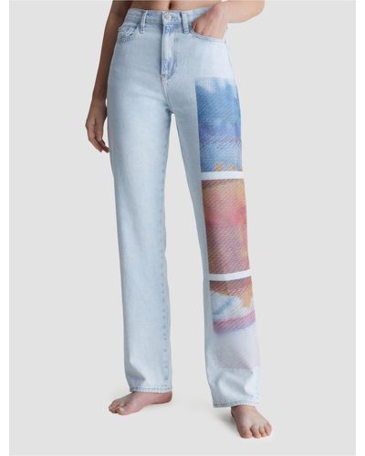 Calvin Klein Floral Graphic High Rise Straight Fit Jeans - Blue