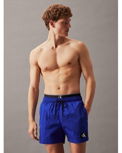 Calvin Klein Double Waistband Swim Shorts - Ck Monogram - Blue