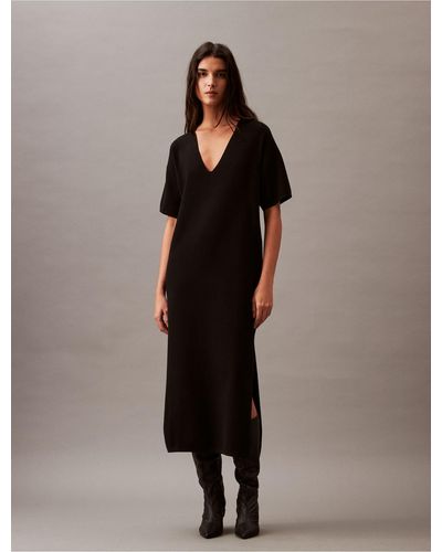 Calvin Klein Tech Knit V-neck Midi Dress - Black