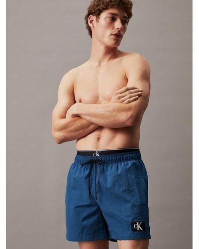 Calvin Klein Double Waistband Swim Shorts - Ck Monogram - Blue
