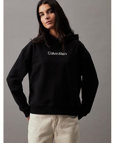 Calvin Klein Sudadera de felpa de algodón con capucha y logo - Negro