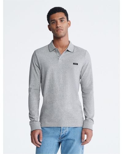 Calvin Klein Stretch Pique Long Sleeve Polo Shirt - Gray