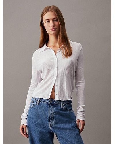 Calvin Klein Transparentes, tailliertes Hemd mit Rippen - Weiß