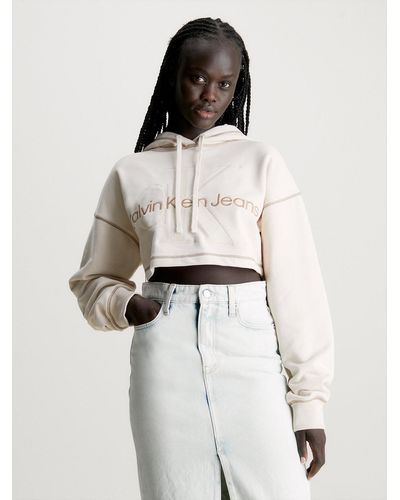 Calvin Klein Sweat-shirt à capuche court avec monogramme - Blanc