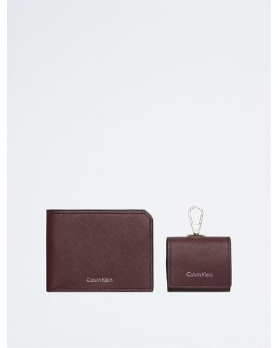 Calvin Klein Refined Saffiano Leather Bifold Wallet + Airpods Case Gift Set - Purple