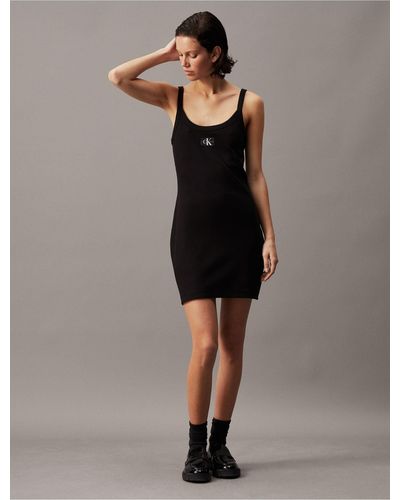 Calvin Klein Ribbed Monogram Logo Mini Tank Dress - Black