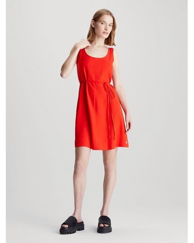 Calvin Klein Soft Twill Tie Waist Dress - Red