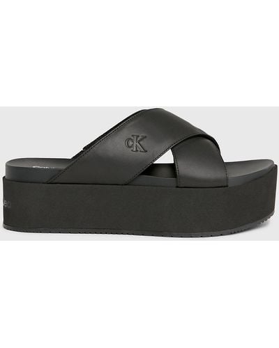 Calvin Klein Leather Platform Sandals - Black