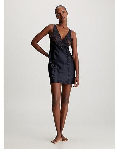 Calvin Klein Camisón de seda y encaje - Negro