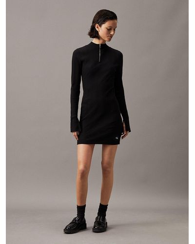 Calvin Klein Slim Ribbed Long Sleeve Dress - Black