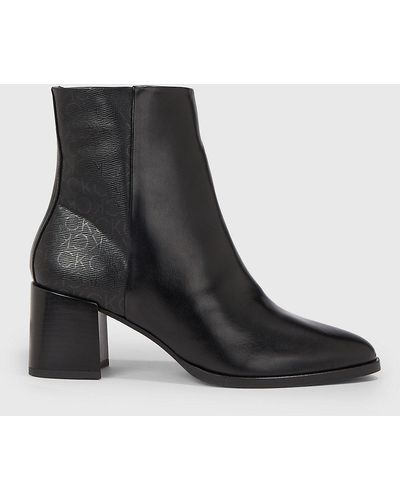 Calvin Klein Leather Heeled Ankle Logo Boots - Black