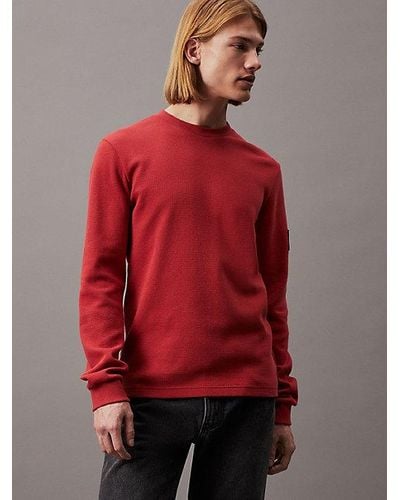 Calvin Klein Slim Wafel-t-shirt Met Lange Mouwen - Rood