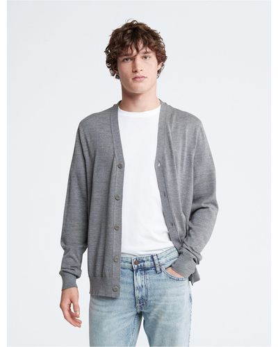Calvin Klein Extra Fine Merino Wool Blend Cardigan Sweater - Gray