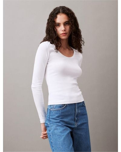 Calvin Klein Cotton Contour Rib Slim Fit Long Sleeve T-shirt - White