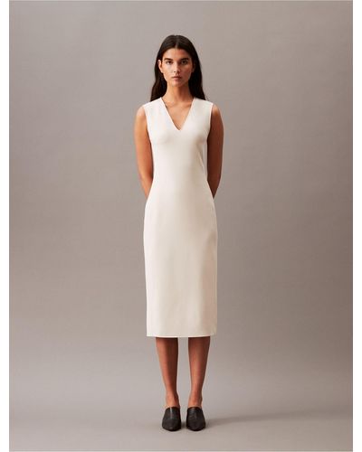 Calvin Klein Stretch Crepe Sleeveless Midi Dress - Natural