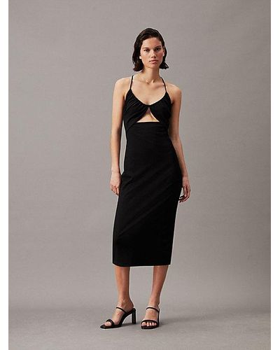Calvin Klein Vestido midi recortado con detalle de lazo - Negro