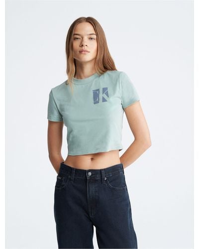 Calvin Klein Monogram Logo Boxy Cropped T-shirt - Blue