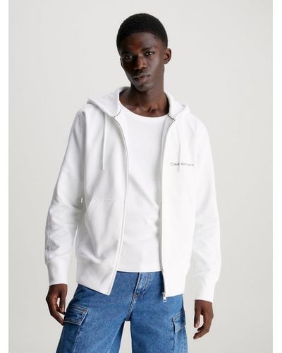 Calvin Klein Sweat à capuche zippé en tissu éponge de coton - Blanc
