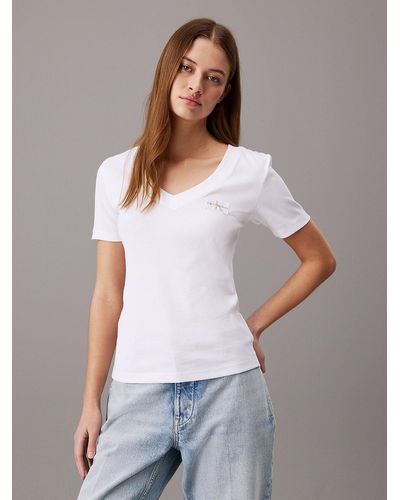 Calvin Klein T-shirt à col en V en coton côtelé - Blanc