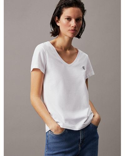 Calvin Klein T-shirt slim avec col en V en coton bio - Blanc