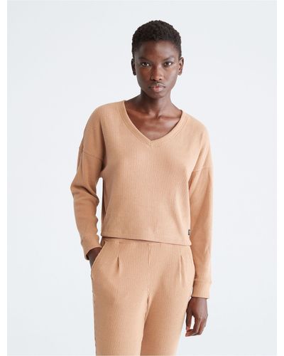 Calvin Klein Performance Ribbed Open V-neck Pullover Sweater - Natural