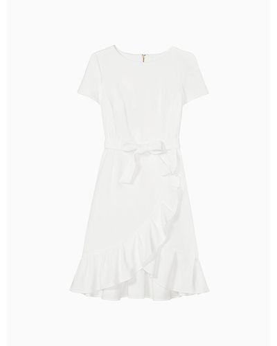 Calvin Klein Belted Ruffle Hem Short Sleeve Dress - White
