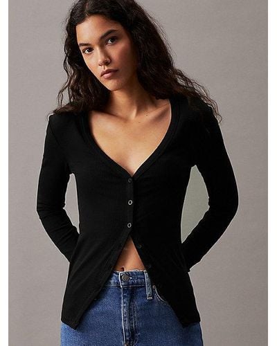 Calvin Klein Slim Geribbeld Vest Met V-hals - Zwart