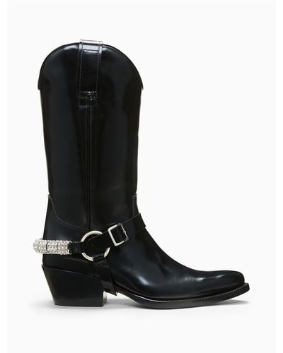 CALVIN KLEIN 205W39NYC Western Ankle Boot In Calf Leather With Crystal Harness - Black