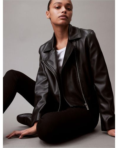 Calvin Klein Plus Size Knit Detail Women's Leather Jacket Black