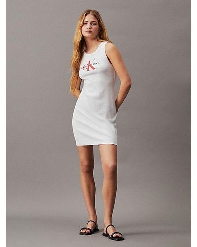 Calvin Klein Vestido de tirantes con monograma de canalé de algodón - Blanco