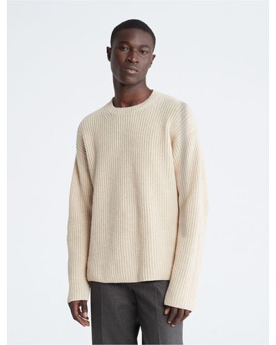 Calvin Klein Ribbed Wool Blend Crewneck Sweater - Natural