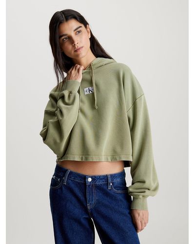 Calvin Klein Sweat-shirt à capuche court en coton délavé - Vert