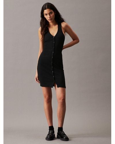 Calvin Klein Ribbed Buttoned Mini Tank Dress - Black