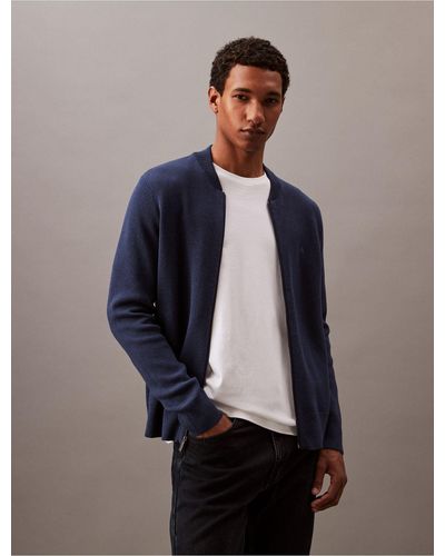 Calvin Klein Smooth Cotton Sweater Bomber Jacket - Blue