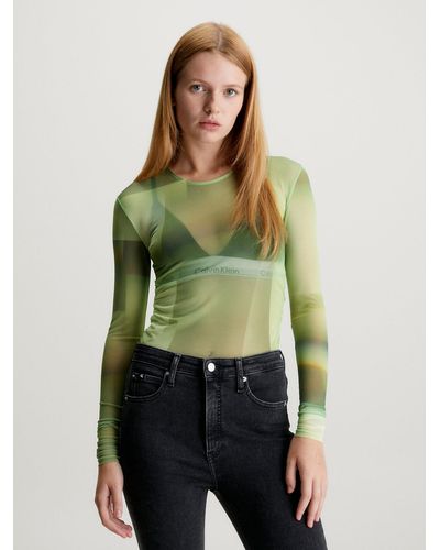 Calvin Klein Printed Mesh Long Sleeve Top - Green
