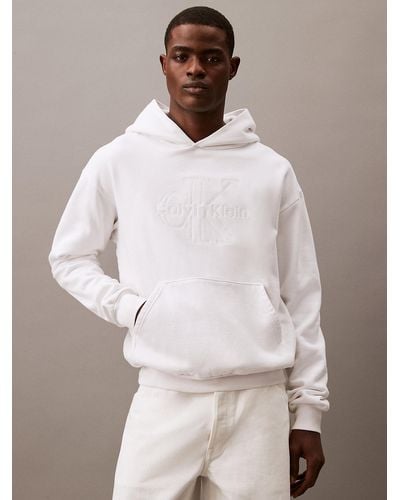 Calvin Klein Tonal Embroidered Logo Fleece Hoodie - White
