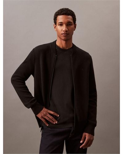Calvin Klein Smooth Cotton Sweater Bomber Jacket - Black