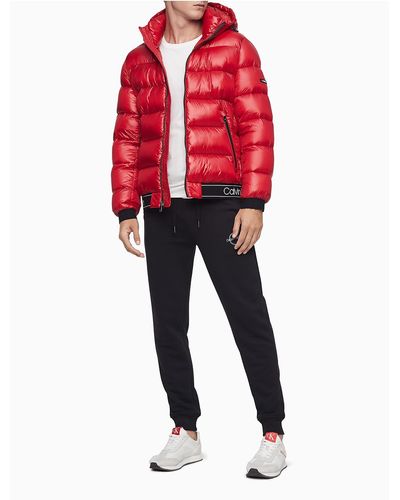 Calvin Klein Solid Zip Logo Band Puffer Jacket - Red