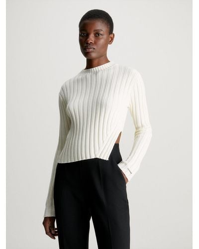 Calvin Klein Pull en coton côtelé épais - Blanc