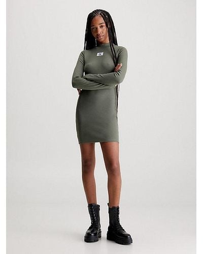 Calvin Klein Schmales, geripptes, langärmliges Kleid - Grün