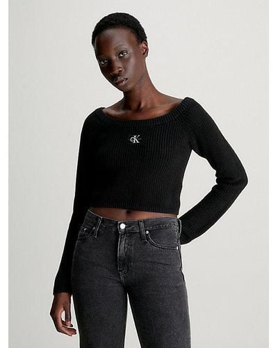 Calvin Klein Cropped Pullover aus gerippter Baumwolle - Schwarz