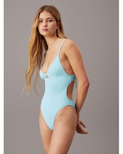 Calvin Klein Cut Out Swimsuit - Ck Monogram Texture - Blue