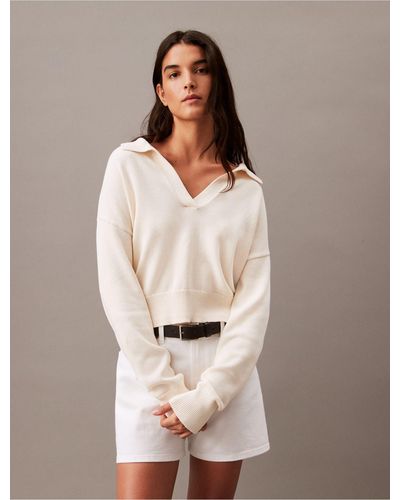Calvin Klein Smooth Cotton Polo Sweater - Natural
